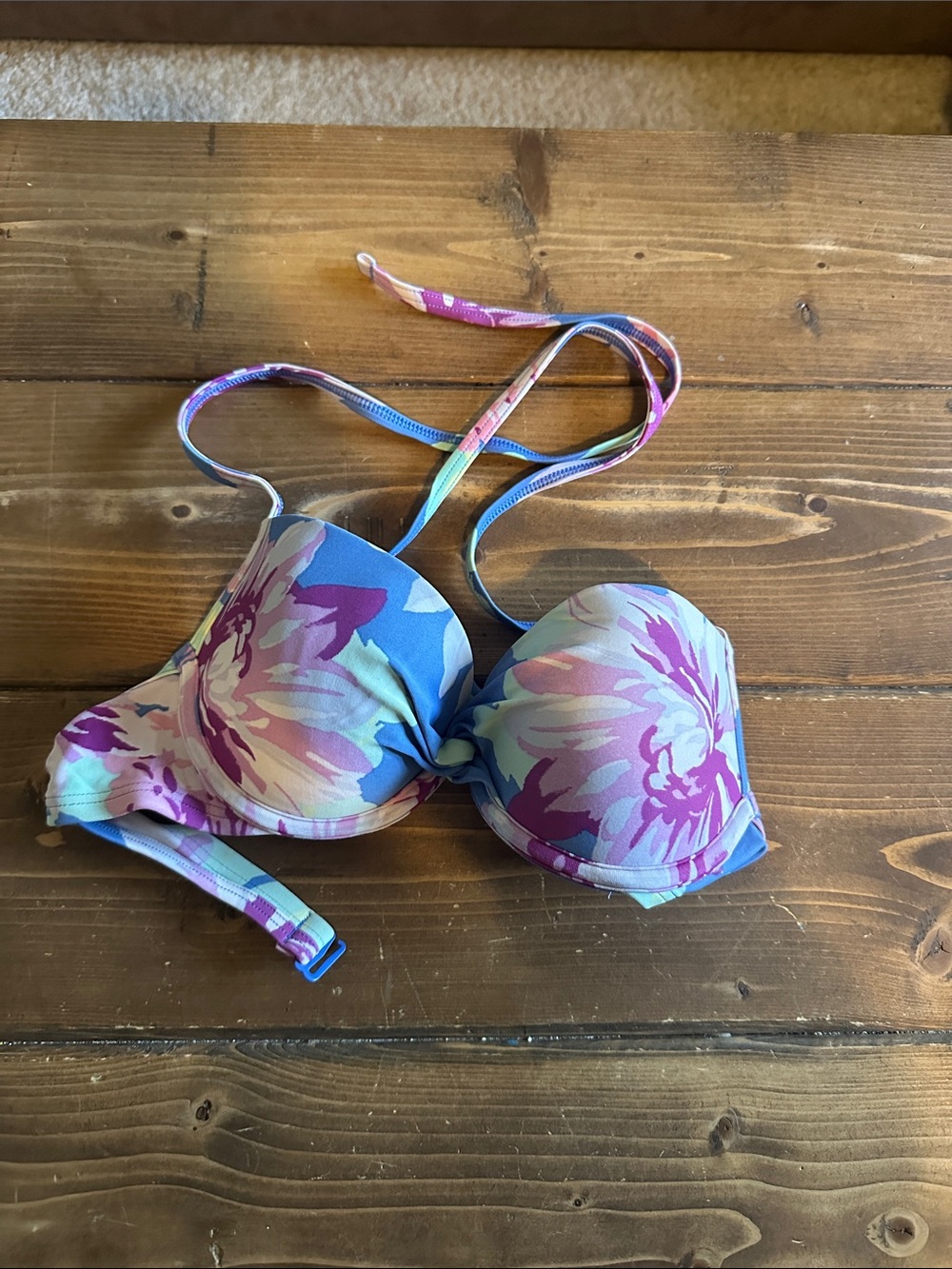 aerie cobalt blue bikini top with multicolor floral trim